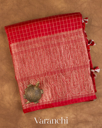 Chilly Red Checked Pure Kora Silk Saree