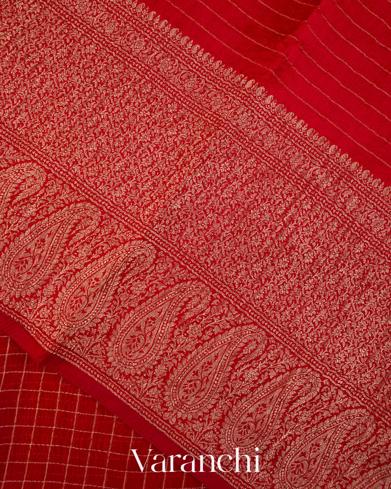 Chilly Red Checked Pure Kora Silk Saree