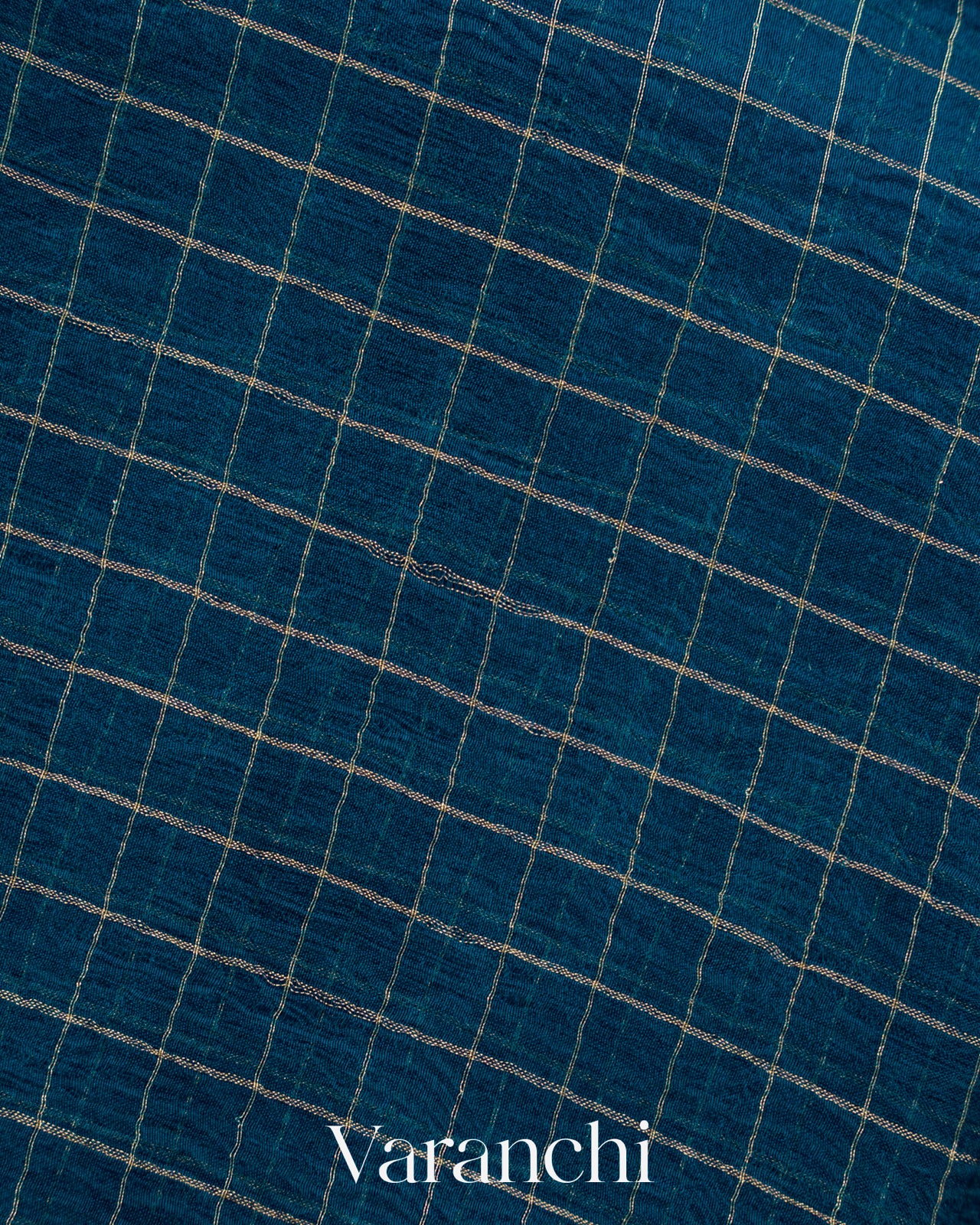 Peacock Blue Checked Pure Kora Silk Saree