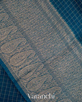 Peacock Blue Checked Pure Kora Silk Saree