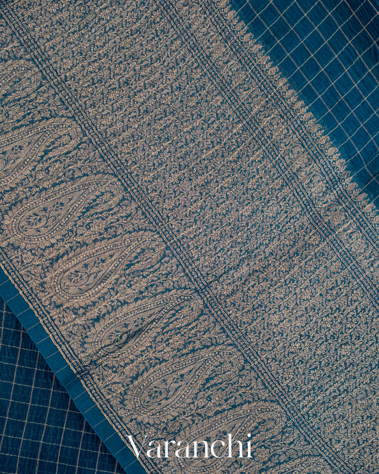 Peacock Blue Checked Pure Kora Silk Saree