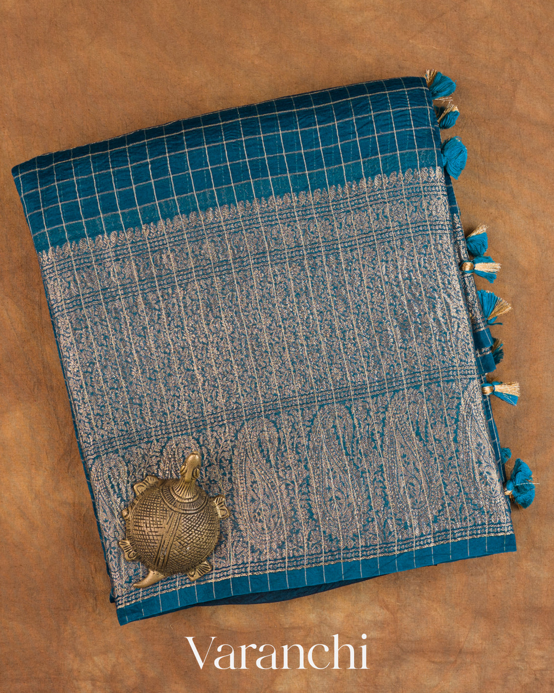 Peacock Blue Checked Pure Kora Silk Saree