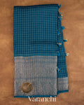 Peacock Blue Checked Pure Kora Silk Saree