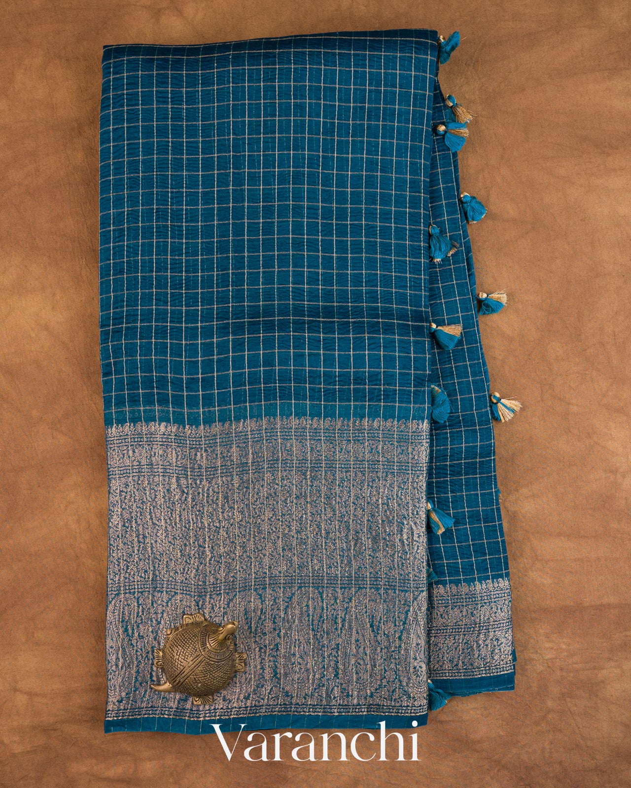 Peacock Blue Checked Pure Kora Silk Saree
