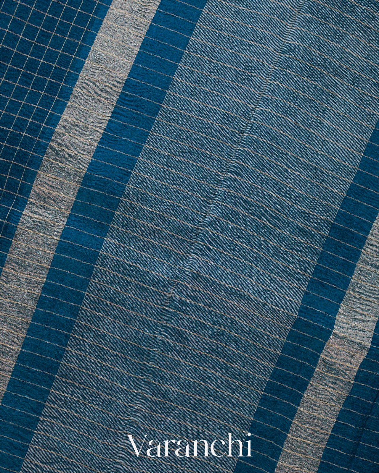 Peacock Blue Checked Pure Kora Silk Saree