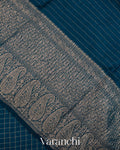 Peacock Blue Checked Pure Kora Silk Saree