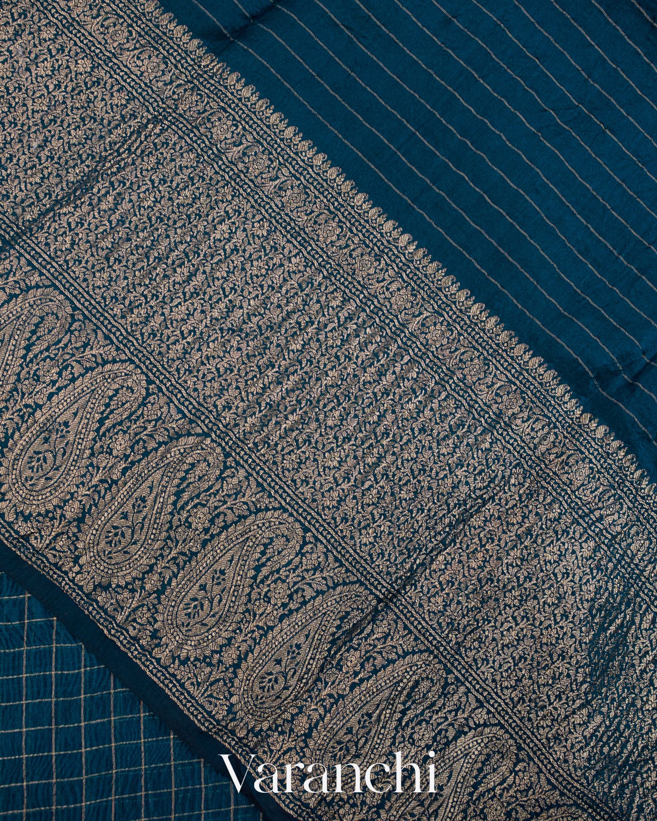 Peacock Blue Checked Pure Kora Silk Saree
