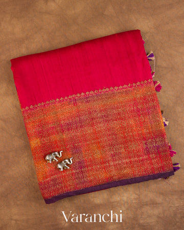 Crimson Red Hand Brushed Pure Raw Silk Handloom Saree