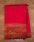 Crimson Red Hand Brushed Pure Raw Silk Handloom Saree