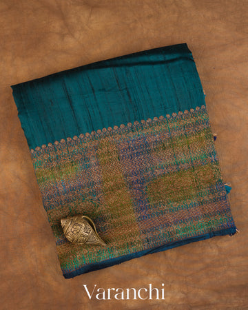 Peacock Blue Hand Brushed Pure Raw Silk Handloom Saree