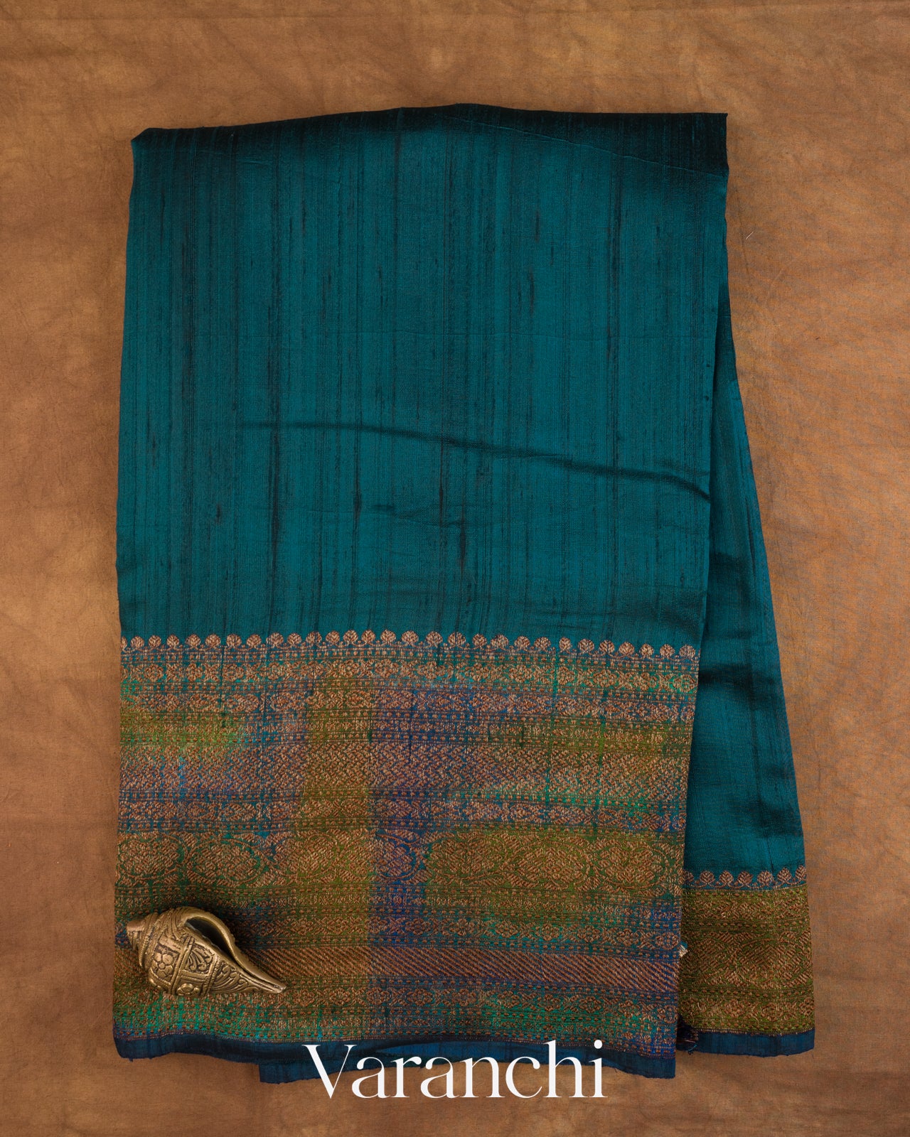 Peacock Blue Hand Brushed Pure Raw Silk Handloom Saree