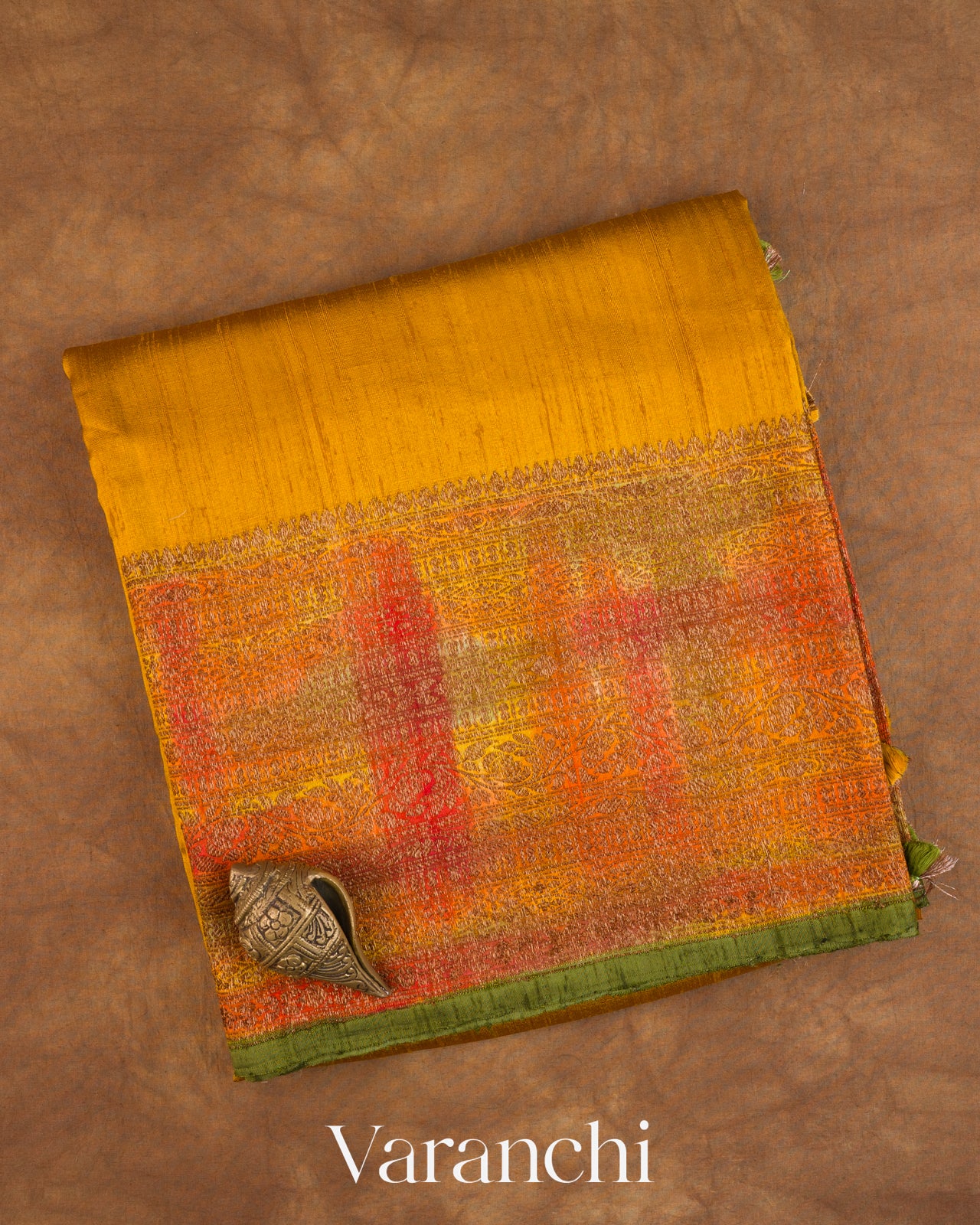 Mustard Yellow Hand Brushed Pure Raw Silk Handloom Saree