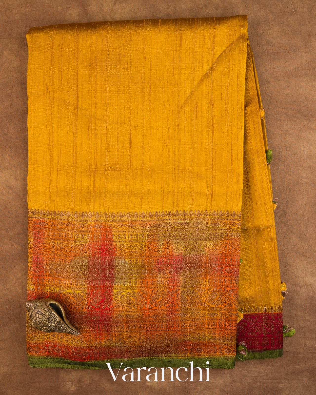 Mustard Yellow Hand Brushed Pure Raw Silk Handloom Saree