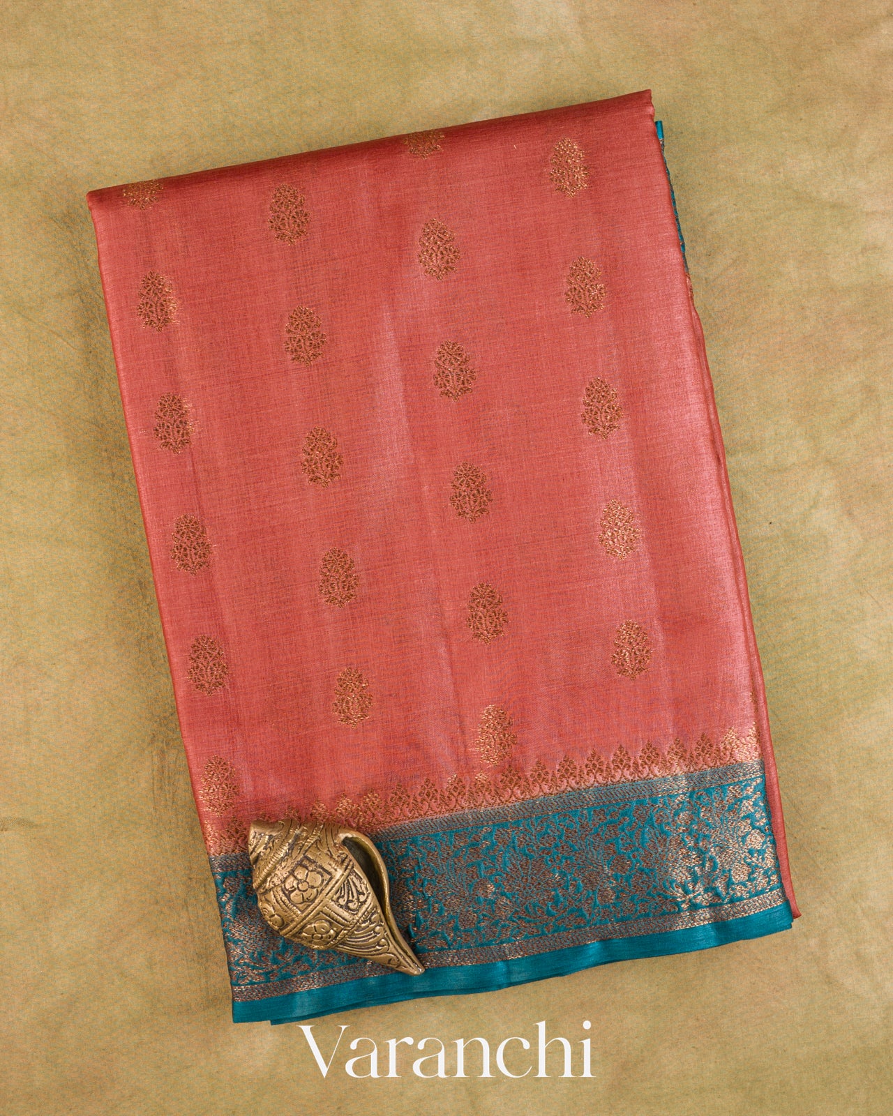 Coral Pink Pure Tussar Silk Saree