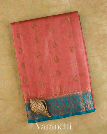 Coral Pink Pure Tussar Silk Saree