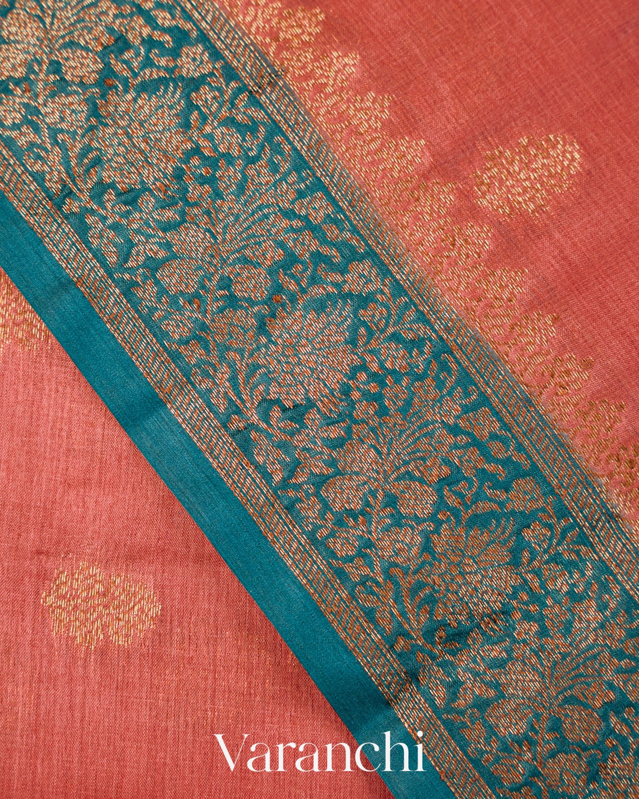 Coral Pink Pure Tussar Silk Saree