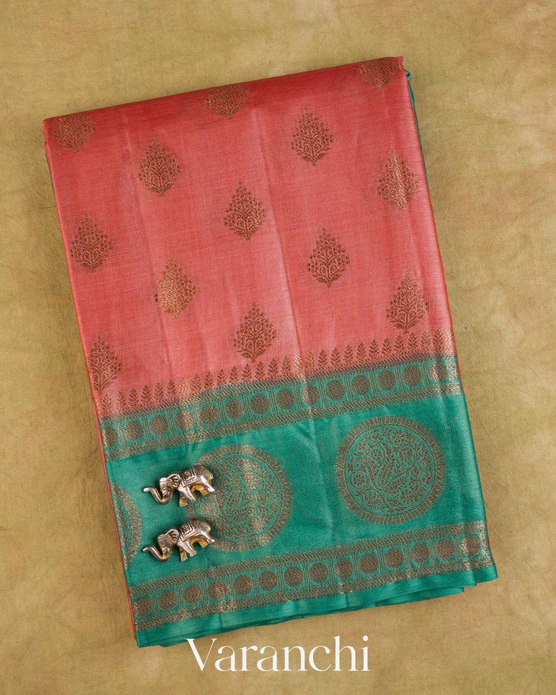 Coral Pink Pure Tussar Silk Saree