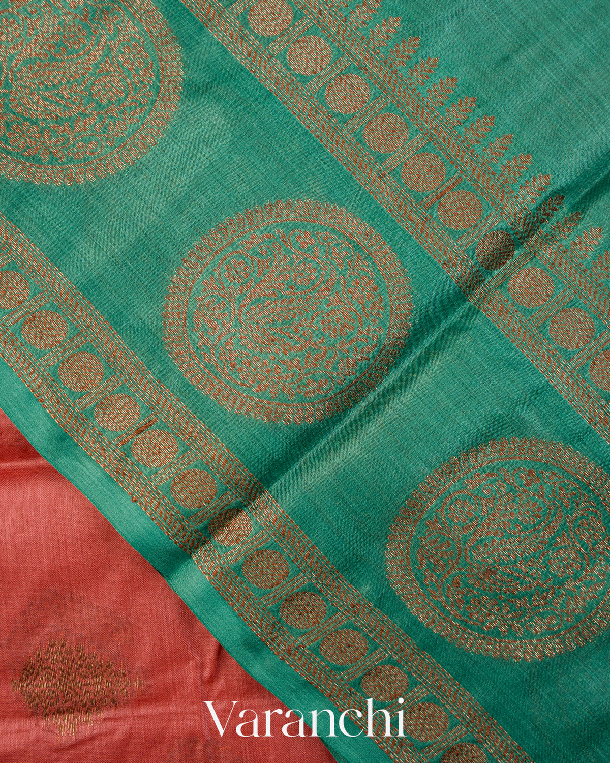 Coral Pink Pure Tussar Silk Saree