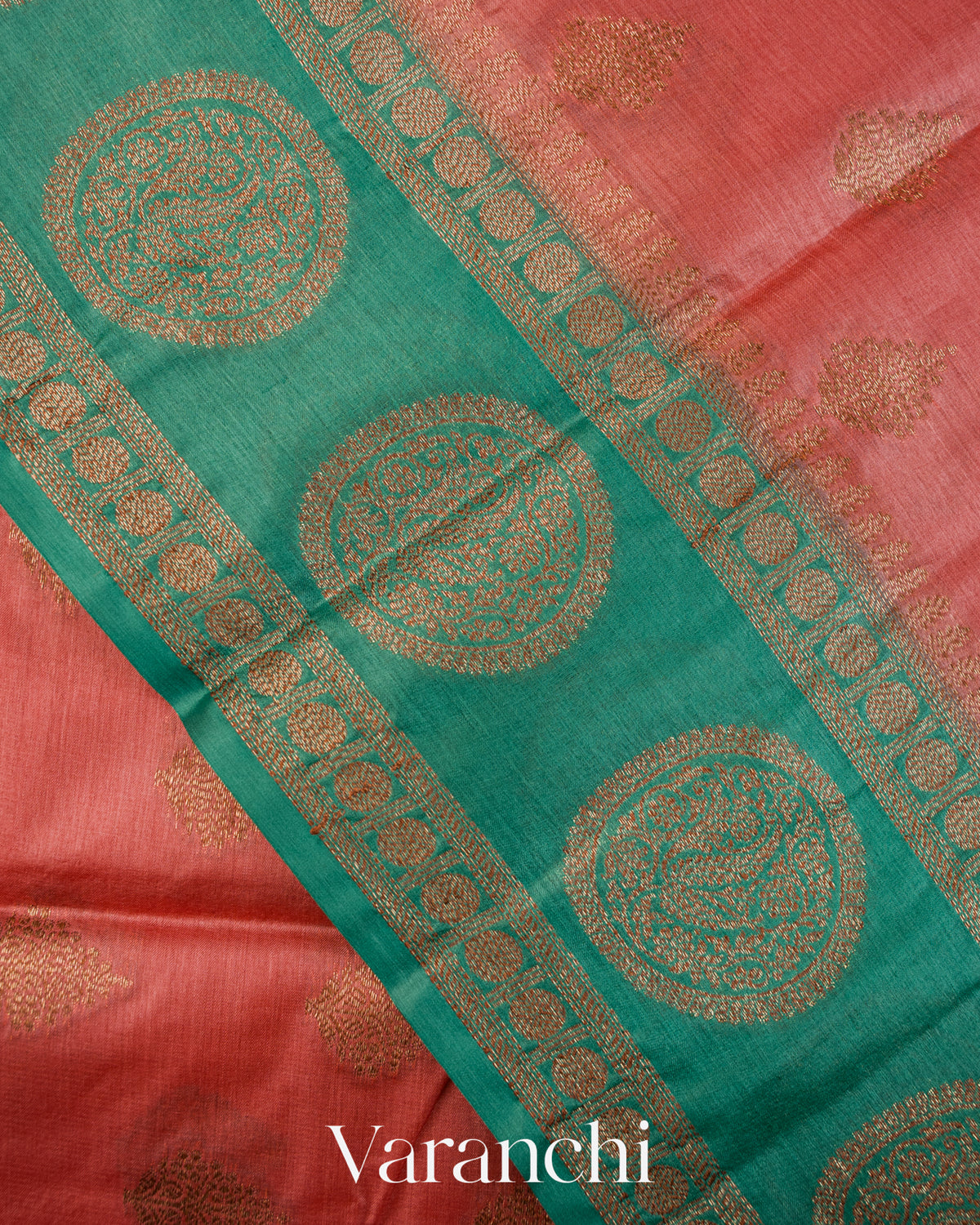 Coral Pink Pure Tussar Silk Saree