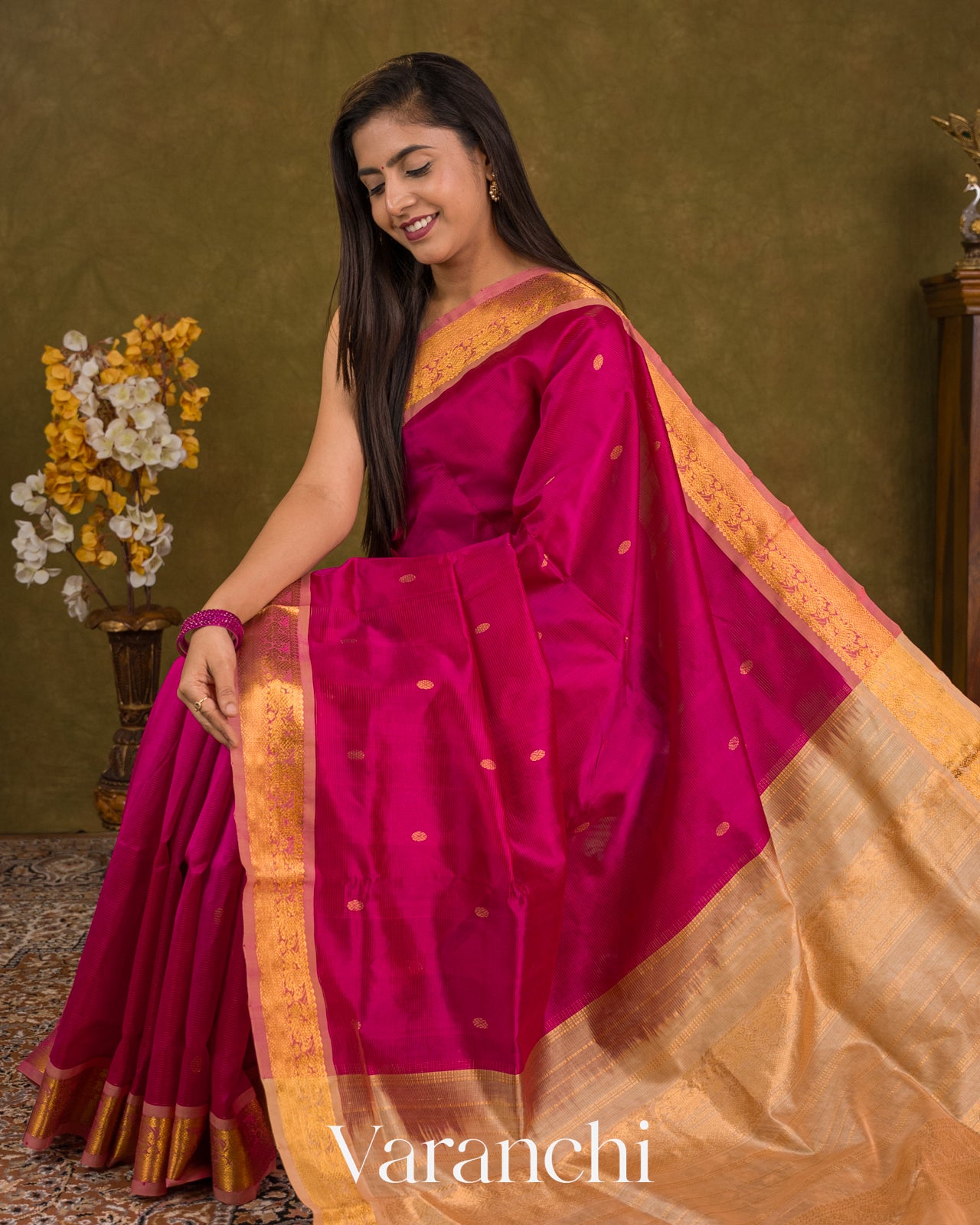 Rani Pink Pure Kanchipuram Silk Cotton Handloom Saree