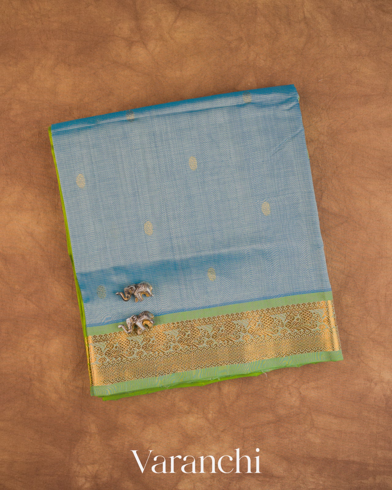 Sky Blue Striped Pure Kanchipuram Silk Cotton Handloom Saree