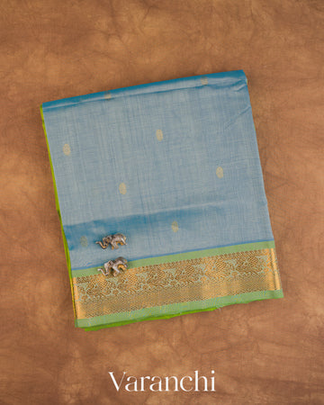 Sky Blue Striped Pure Kanchipuram Silk Cotton Handloom Saree