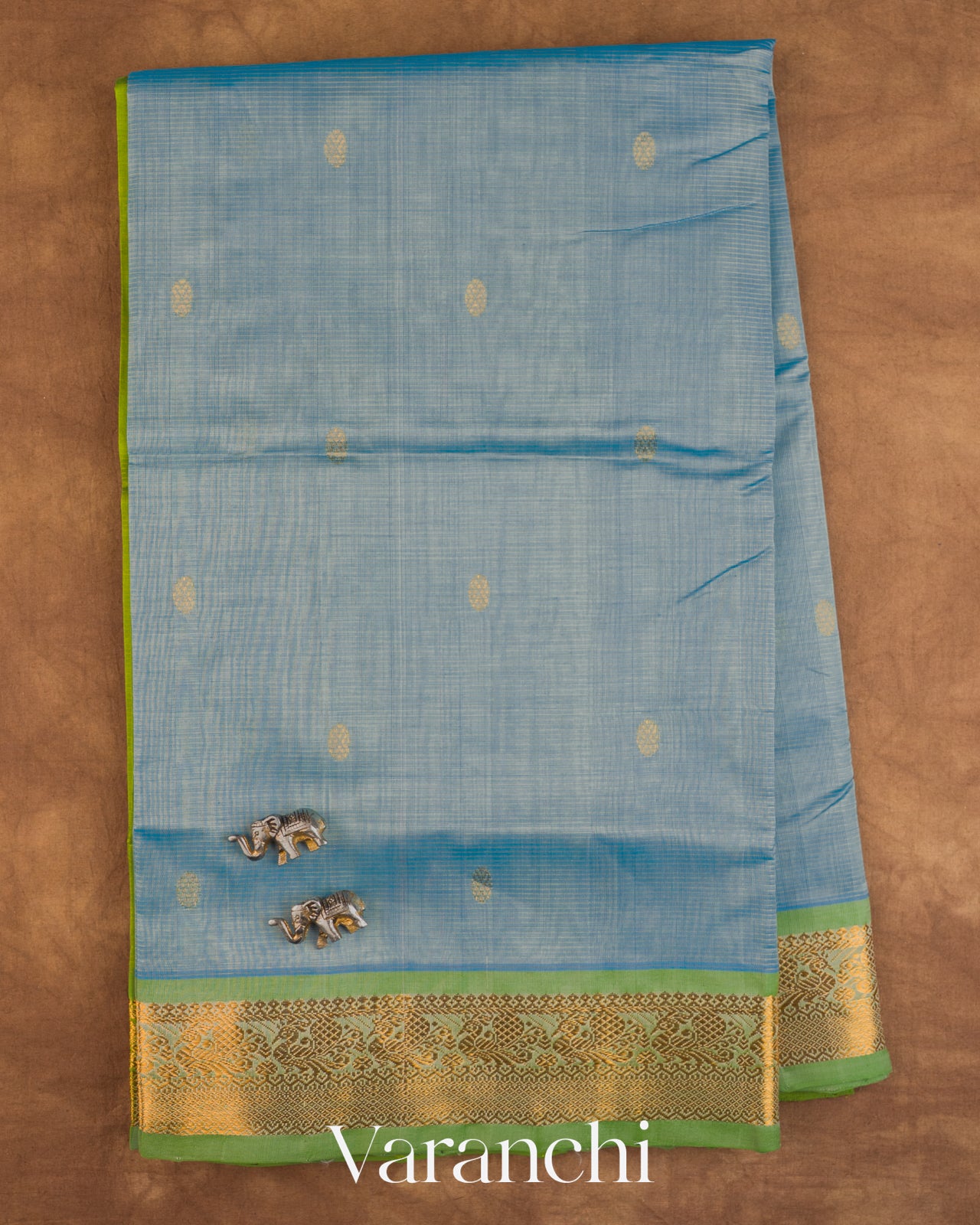 Sky Blue Striped Pure Kanchipuram Silk Cotton Handloom Saree
