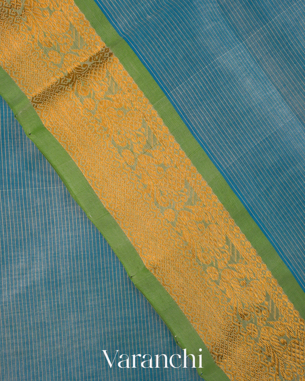 Sky Blue Striped Pure Kanchipuram Silk Cotton Handloom Saree