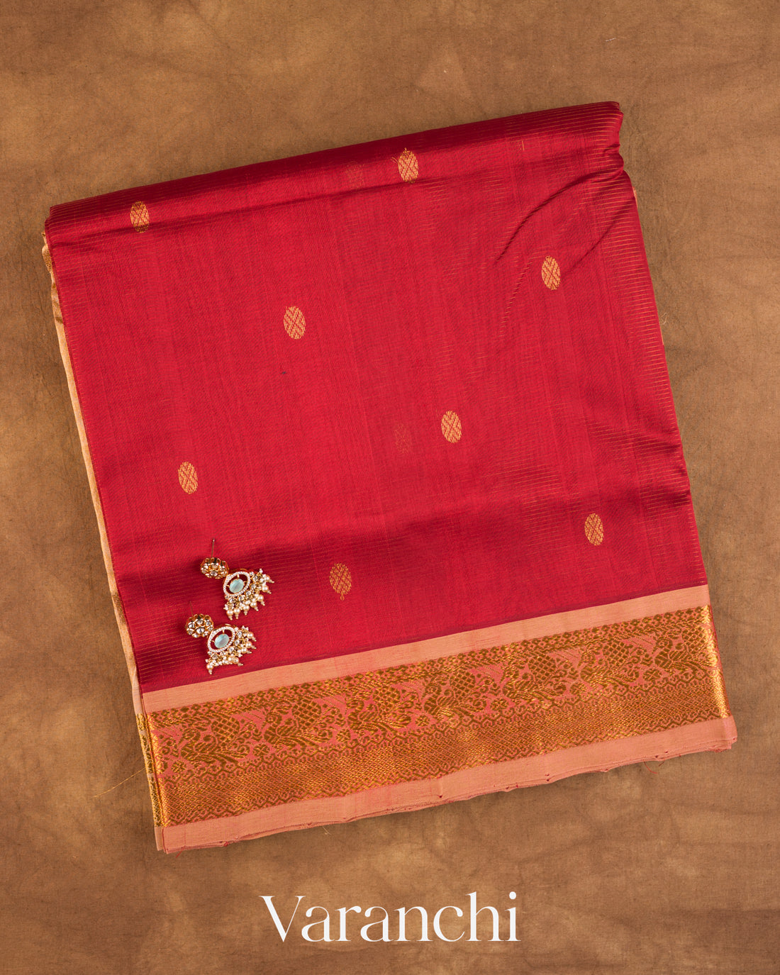Crimson Red Pure Kanchipuram Silk Cotton Handloom Saree — Folded