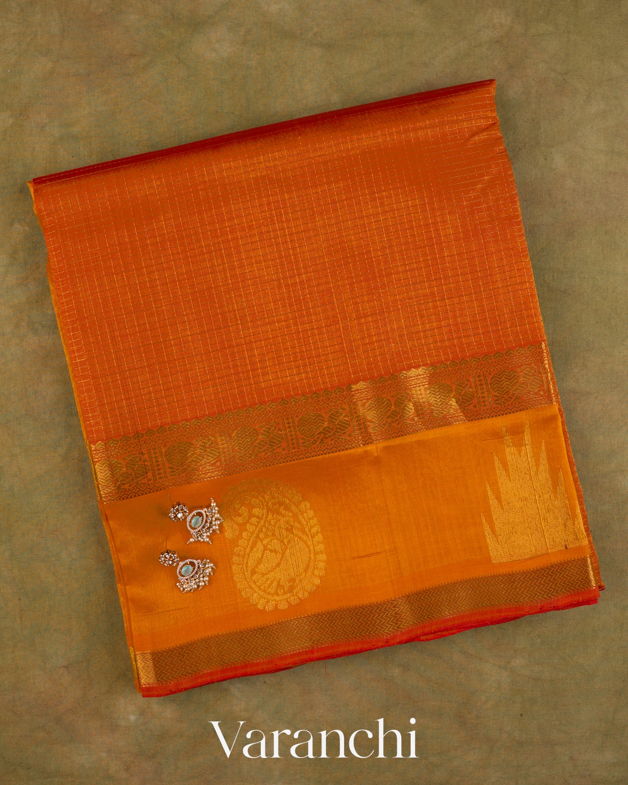 Orange Checks Pure Kanchipuram Silk Cotton Handloom Saree