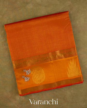 Orange Checks Pure Kanchipuram Silk Cotton Handloom Saree