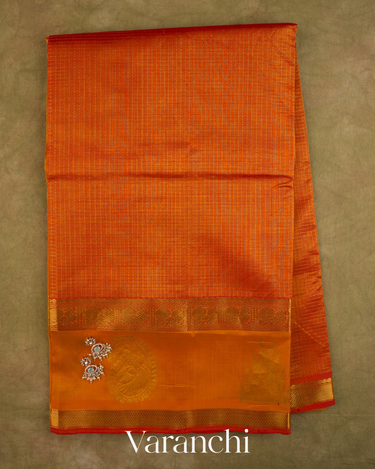 Orange Checks Pure Kanchipuram Silk Cotton Handloom Saree