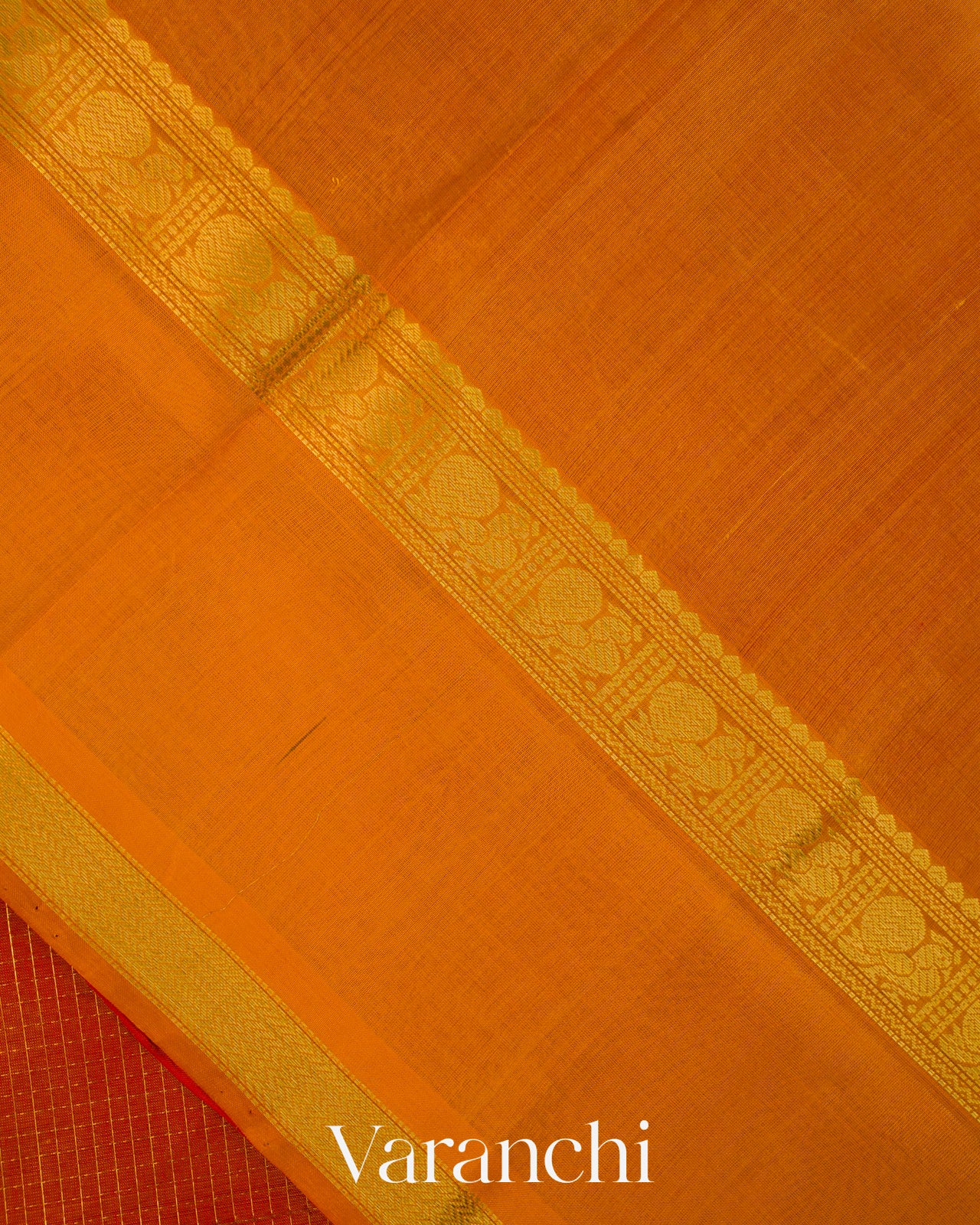 Orange Checks Pure Kanchipuram Silk Cotton Handloom Saree