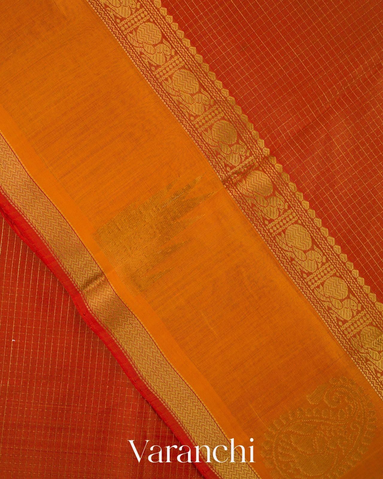 Orange Checks Pure Kanchipuram Silk Cotton Handloom Saree