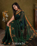Bottle Green Pure Kanchipuram Silk Cotton Handloom Saree — Draped