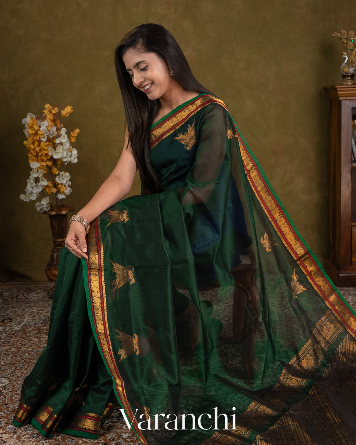 Bottle Green Pure Kanchipuram Silk Cotton Handloom Saree — Draped