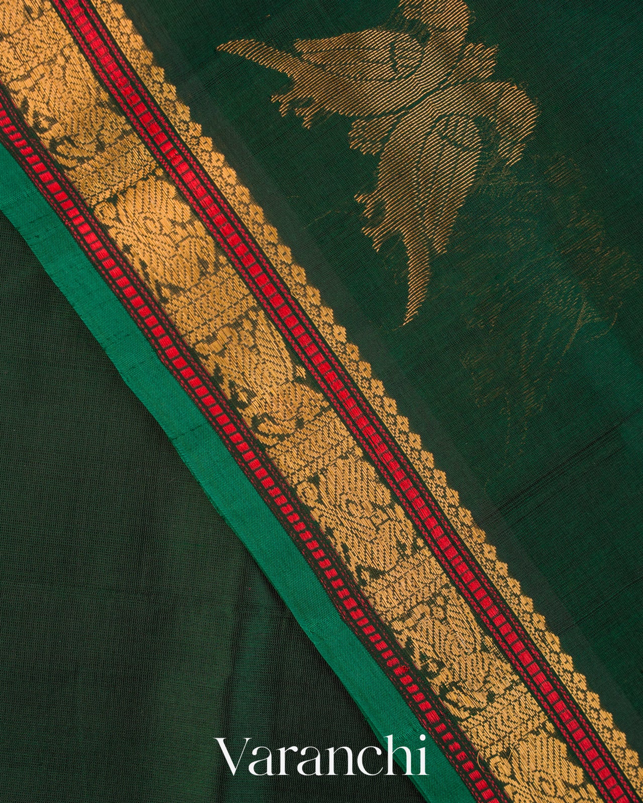 Bottle Green Pure Kanchipuram Silk Cotton Handloom Saree