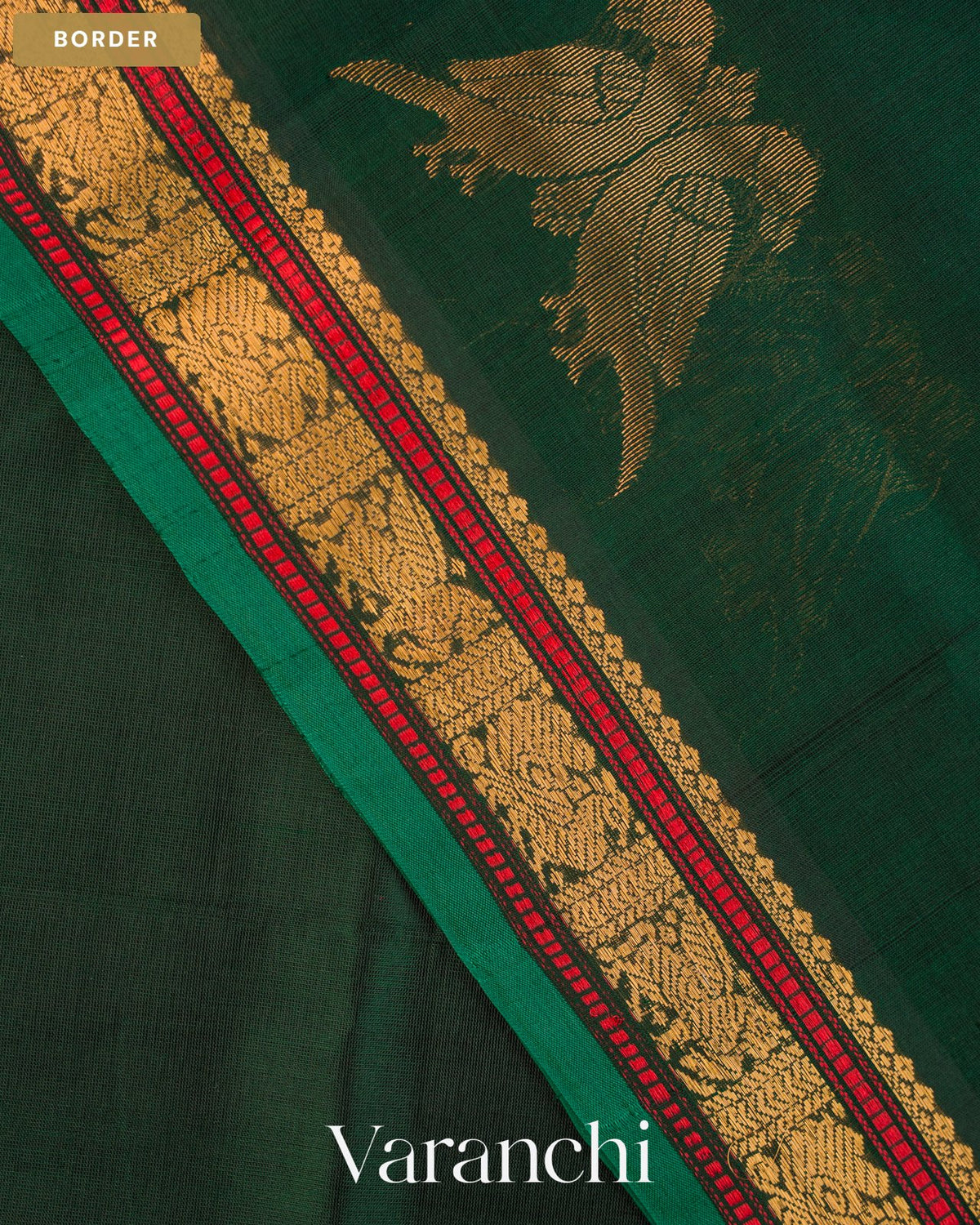 Bottle Green Pure Kanchipuram Silk Cotton Handloom Saree — Border