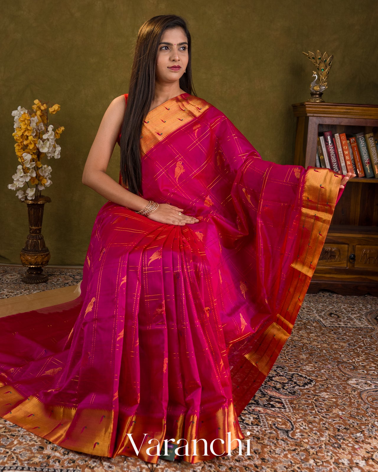 Magenta Paithani Pure Kanchipuram Silk Cotton Handloom Saree — Draped