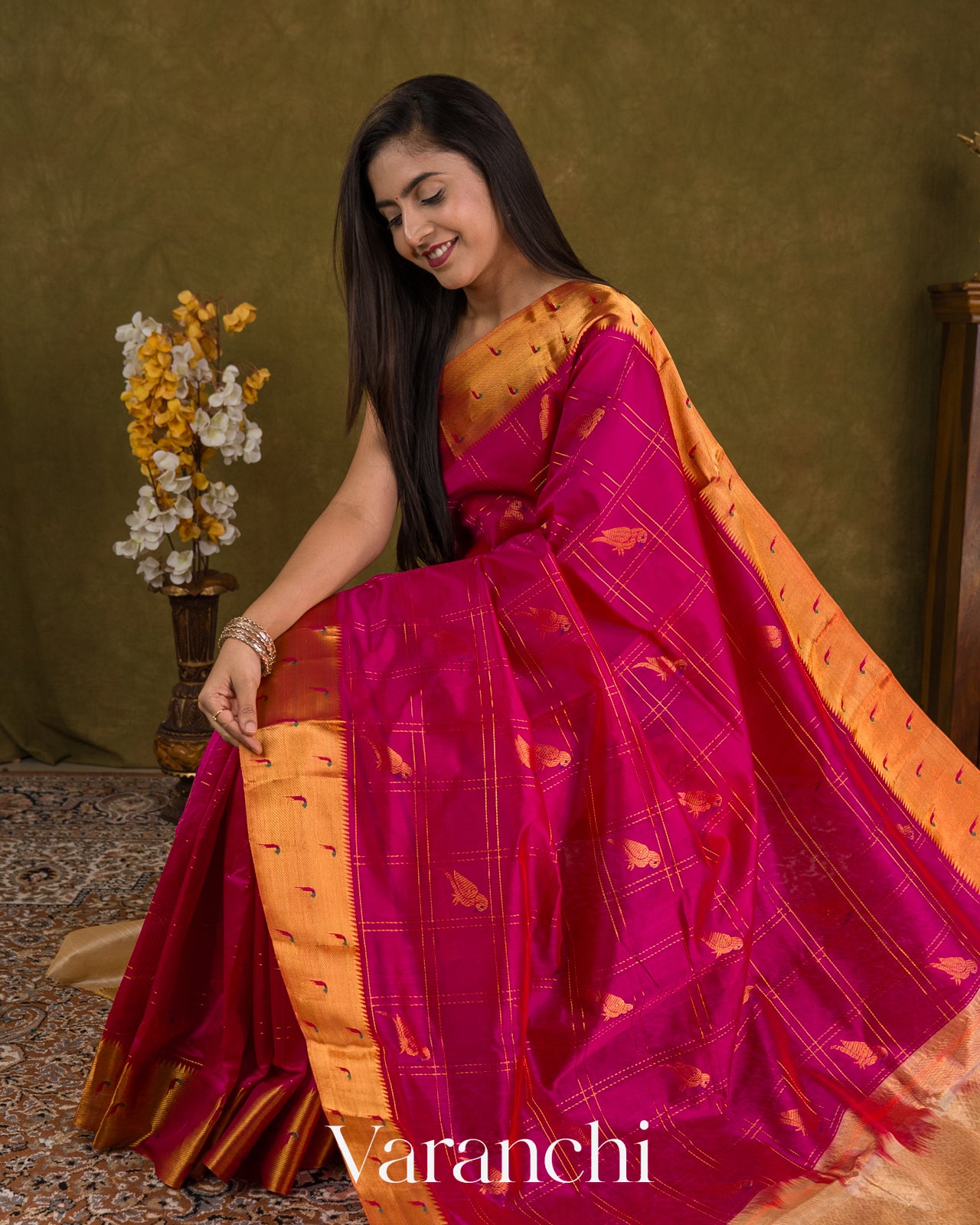 Magenta Paithani Pure Kanchipuram Silk Cotton Handloom Saree — Draped