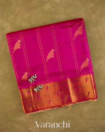 Magenta Checkered Pure Kanchipuram Silk Cotton Handloom Saree