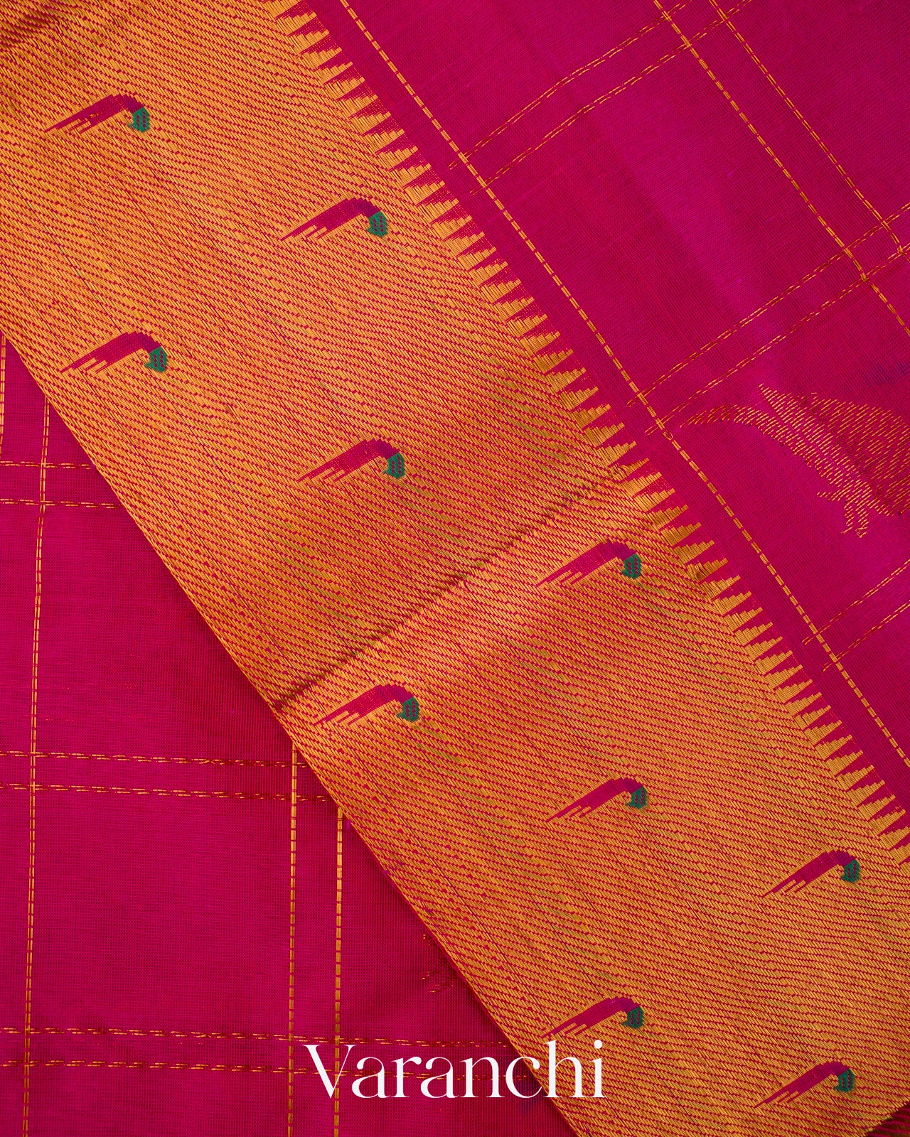 Magenta Checkered Pure Kanchipuram Silk Cotton Handloom Saree