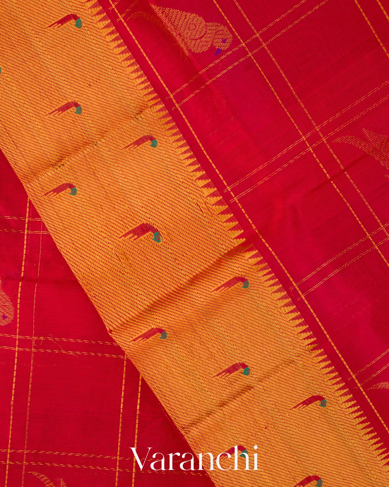 Crimson Red Checkered Pure Kanchipuram Silk Cotton Handloom Saree