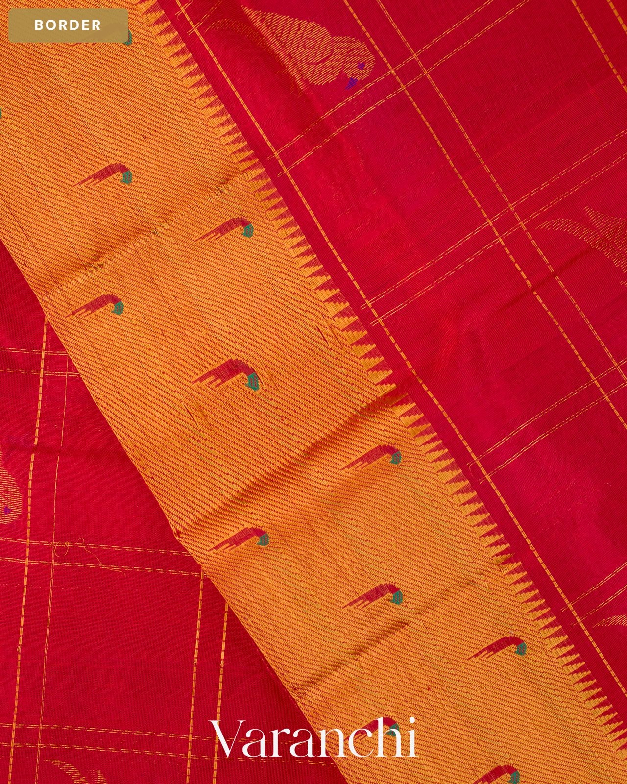 Crimson Red Paithani Pure Kanchipuram Silk Cotton Handloom Saree — Border