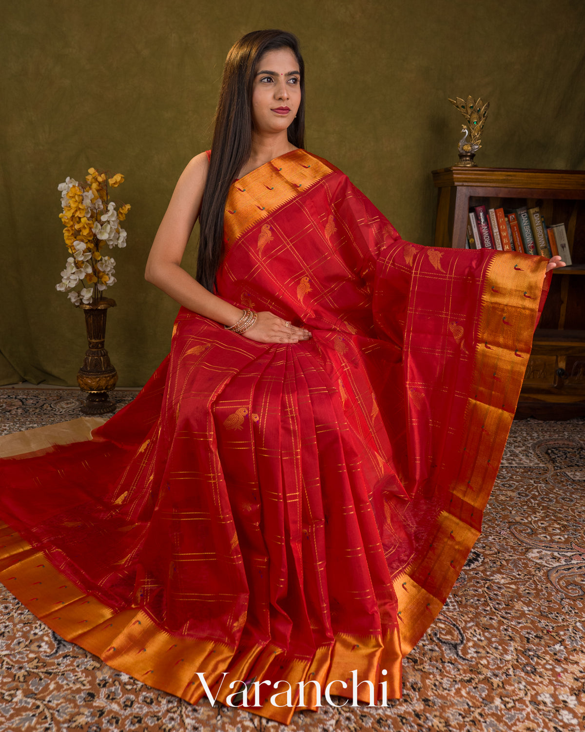 Crimson Red Paithani Pure Kanchipuram Silk Cotton Handloom Saree — Draped