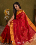 Crimson Red Paithani Pure Kanchipuram Silk Cotton Handloom Saree — Draped
