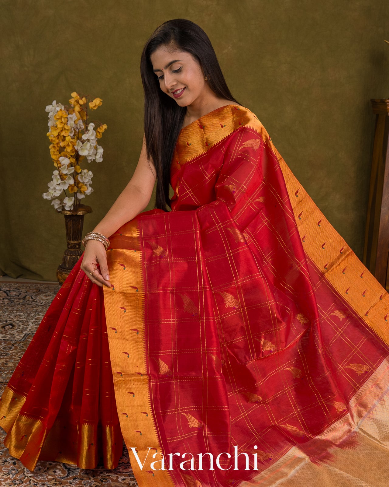 Crimson Red Paithani Pure Kanchipuram Silk Cotton Handloom Saree — Draped