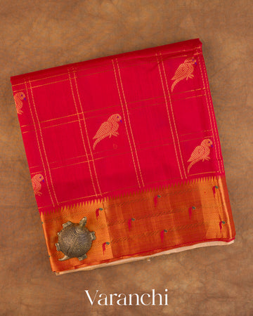 Crimson Red Checkered Pure Kanchipuram Silk Cotton Handloom Saree