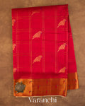 Crimson Red Checkered Pure Kanchipuram Silk Cotton Handloom Saree