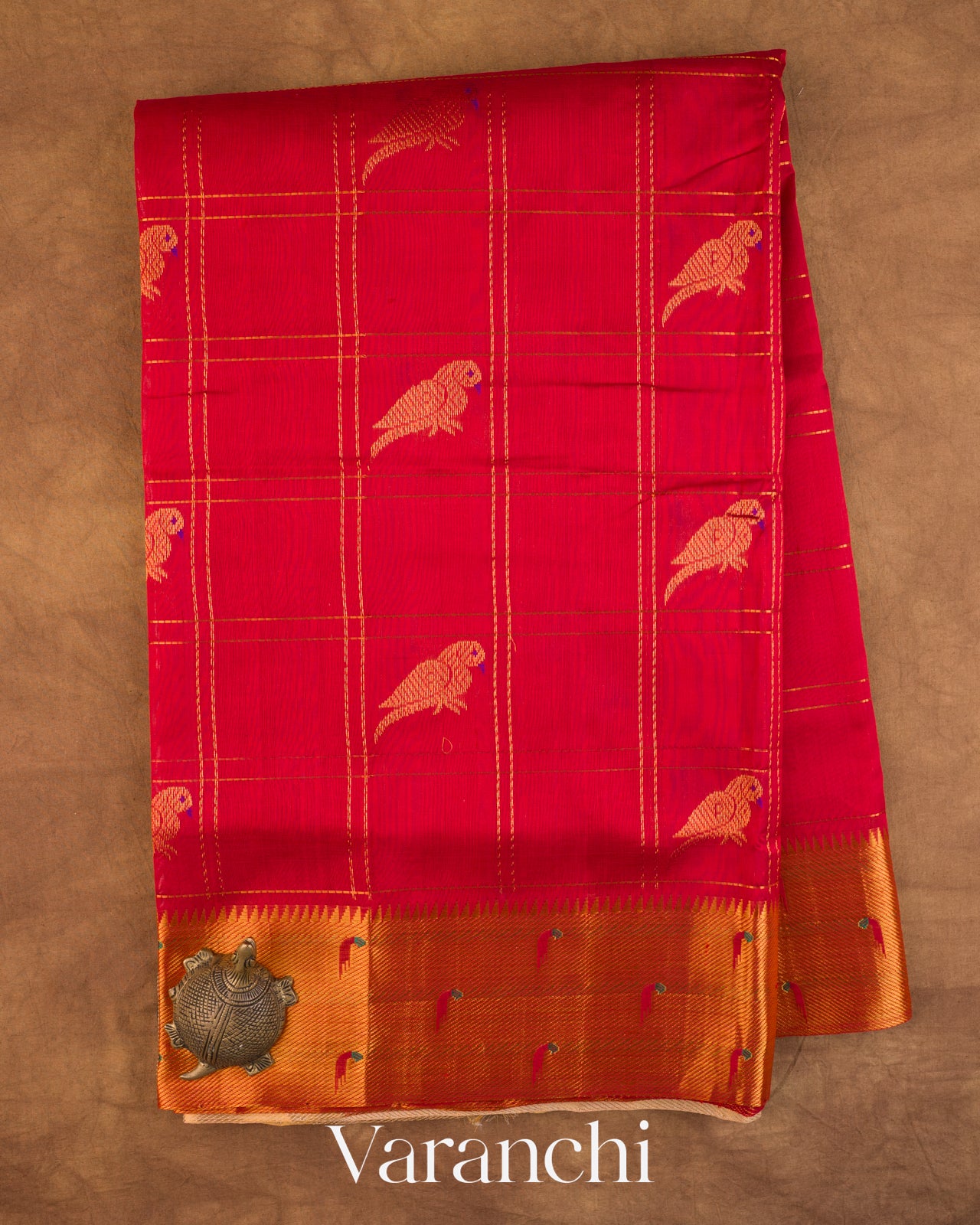 Crimson Red Checkered Pure Kanchipuram Silk Cotton Handloom Saree